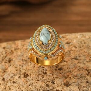 Boho Gold and Turquoise Statement Ring Size 7